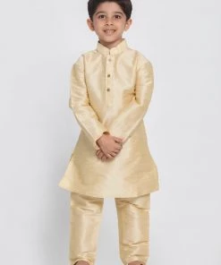 Vastramay Silk Blend Gold Baap Beta Kurta Pyjama Set