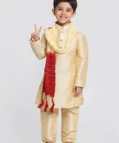 Vastramay Silk Blend Gold Baap Beta Kurta Pyjama And Dupatta Set 14 Vastramay Silk Blend Gold Baap Beta Kurta Pyjama And Dupatta Set