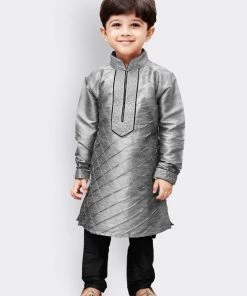 JBN Creation Boys' Grey Cotton Silk Kurta And Pyjama Set