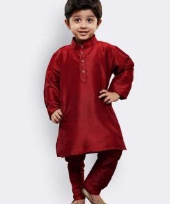 JBN Creation Boys' Maroon Cotton Silk Kurta And Pyjama Set