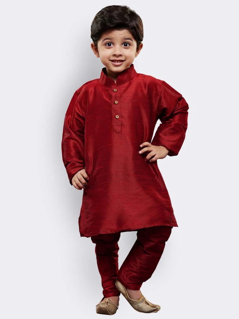 JBN Creation Boys' Maroon Cotton Silk Kurta And Pyjama Set 3 JBN Creation Boys' Maroon Cotton Silk Kurta And Pyjama Set