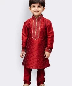 JBN Creation Boys' Maroon Cotton Silk Kurta And Pyjama Set