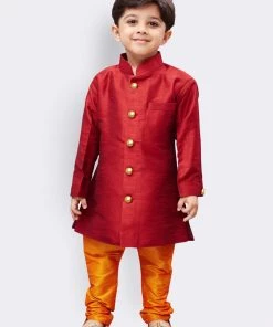 JBN Creation Buy 1 Get 1 Boys' Maroon Silk Blend Sherwani