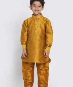 JBN Creation Boys' Yellow Cotton Silk Blend Kurta And Pyjama Set