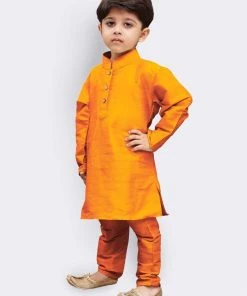 JBN Creation Boys' Orange Cotton Silk Kurta And Pyjama Set