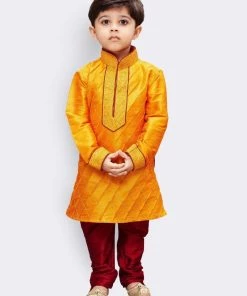 JBN Creation Boys' Yellow Cotton Silk Kurta And Pyjama Set