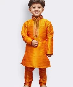 JBN Creation Boys' Yellow Cotton Silk Kurta And Pyjama Set
