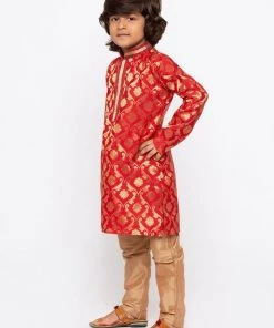 JBN Creation Boys' Red Cotton Silk Kurta And Pyjama Set