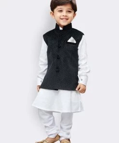 JBN Creation Boys' White Cotton Kurta, Waistcoat And Pyjama Set