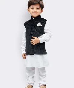 JBN Creation Boys' White Cotton Kurta, Waistcoat And Pyjama Set