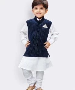 Vastramay Cotton White And Blue Baap Beta Jacket Kurta Pyjama Set