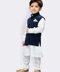 JBN Creation Boys' White Cotton Kurta, Waistcoat And Pyjama Set