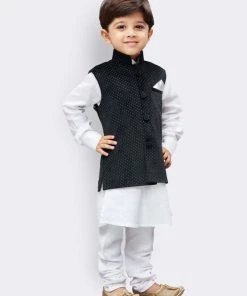 JBN Creation Boys' White Cotton Kurta, Waistcoat And Pyjama Set