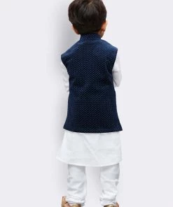 Vastramay Cotton White And Blue Baap Beta Jacket Kurta Pyjama Set