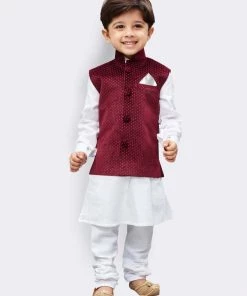 Vastramay Cotton White And Maroon Baap Beta Jacket Kurta Pyjama Set