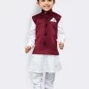 JBN Creation Boys' White Cotton Kurta, Waistcoat And Pyjama Set