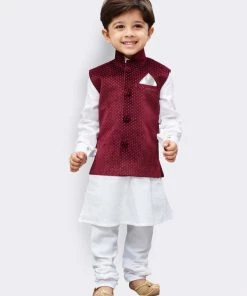 JBN Creation Boys' White Cotton Kurta, Waistcoat And Pyjama Set