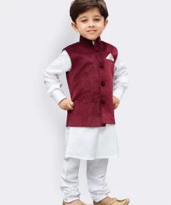 Vastramay Cotton White And Maroon Baap Beta Jacket Kurta Pyjama Set