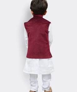 Vastramay Cotton White And Maroon Baap Beta Jacket Kurta Pyjama Set