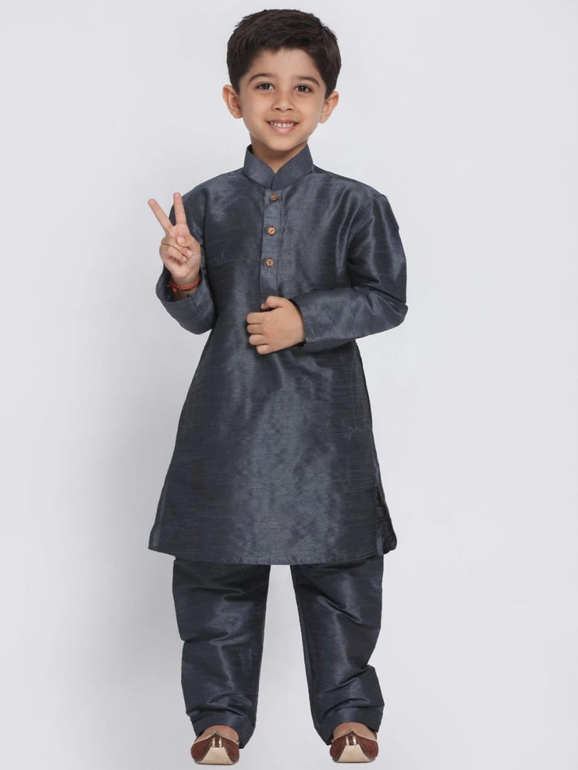 JBN Creation Boys' Grey Cotton Silk Blend Kurta And Pyjama Set 4 JBN Creation Boys' Grey Cotton Silk Blend Kurta And Pyjama Set