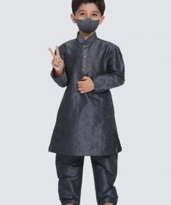 JBN Creation Boys' Grey Cotton Silk Blend Kurta And Pyjama Set