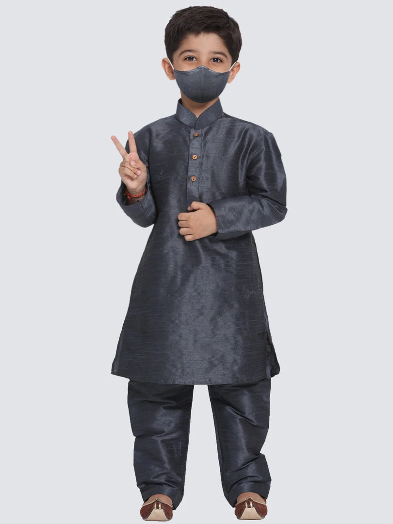 JBN Creation Boys' Grey Cotton Silk Blend Kurta And Pyjama Set 3 JBN Creation Boys' Grey Cotton Silk Blend Kurta And Pyjama Set