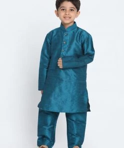 JBN Creation Boys' Blue Cotton Silk Blend Kurta And Pyjama Set