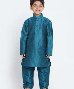JBN Creation Boys' Blue Cotton Silk Blend Kurta And Pyjama Set 14 JBN Creation Boys' Blue Cotton Silk Blend Kurta And Pyjama Set