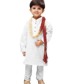 JBN Creation Boys' White Cotton Kurta, Pyjama & Dupatta Set