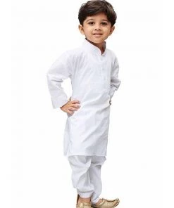 JBN Creation Boys' White Cotton Kurta, Pyjama & Dupatta Set