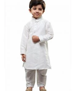 JBN Creation Boys' White Cotton Silk Kurta And Pyjama Set