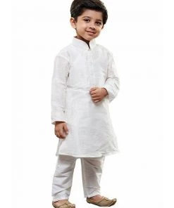 JBN Creation Boys' White Cotton Silk Kurta And Pyjama Set