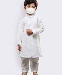 JBN Creation Boys' White Cotton Silk Kurta And Pyjama Set