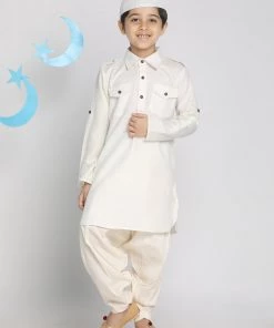 Vastramay Boys' Cream Pathani Suit Set
