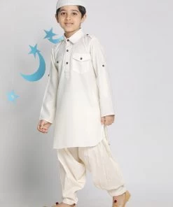 Vastramay Boys' Cream Pathani Suit Set