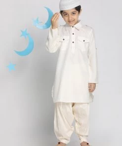 Vastramay Boys' Cream Pathani Suit Set