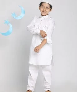 Vastramay Kurta Pyjama Baap Beta White Cotton Pathani Kurta & Pyjama Set
