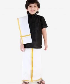 JBN Creation Boys' Black Silk Short Sleeves Ethnic Shirt Mundu Vesty Style Dhoti Pant Set