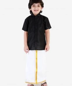 JBN Creation Boys' Black Silk Short Sleeves Ethnic Shirt Mundu Vesty Style Dhoti Pant Set