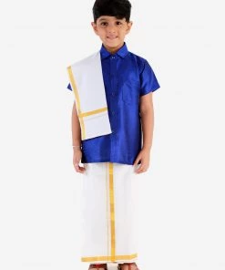 JBN Creation Boys' Blue Silk Short Sleeves Ethnic Shirt