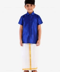 JBN Creation Boys' Blue Silk Short Sleeves Ethnic Shirt Mundu Vesty Style Dhoti Pant Set