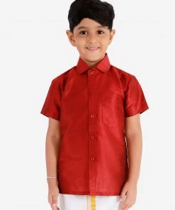JBN Creation Boys' Maroon Silk Short Sleeves Ethnic Shirt
