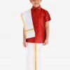 JBN Creation Boys' Maroon Silk Short Sleeves Ethnic Shirt Mundu Vesty Style Dhoti Pant Set