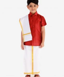JBN Creation Boys' Maroon Silk Short Sleeves Ethnic Shirt Mundu Vesty Style Dhoti Pant Set