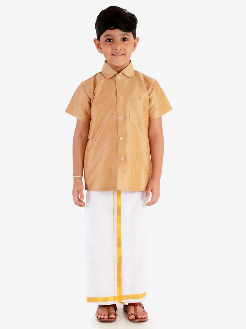 JBN Creation Boys' Rose Gold Silk Short Sleeves Ethnic Shirt Mundu Vesty Style Dhoti Pant Set 4 JBN Creation Boys' Rose Gold Silk Short Sleeves Ethnic Shirt Mundu Vesty Style Dhoti Pant Set