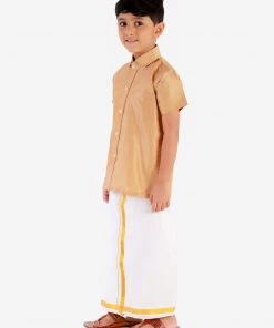 JBN Creation Boys' Rose Gold Silk Short Sleeves Ethnic Shirt Mundu Vesty Style Dhoti Pant Set 12 JBN Creation Boys' Rose Gold Silk Short Sleeves Ethnic Shirt Mundu Vesty Style Dhoti Pant Set