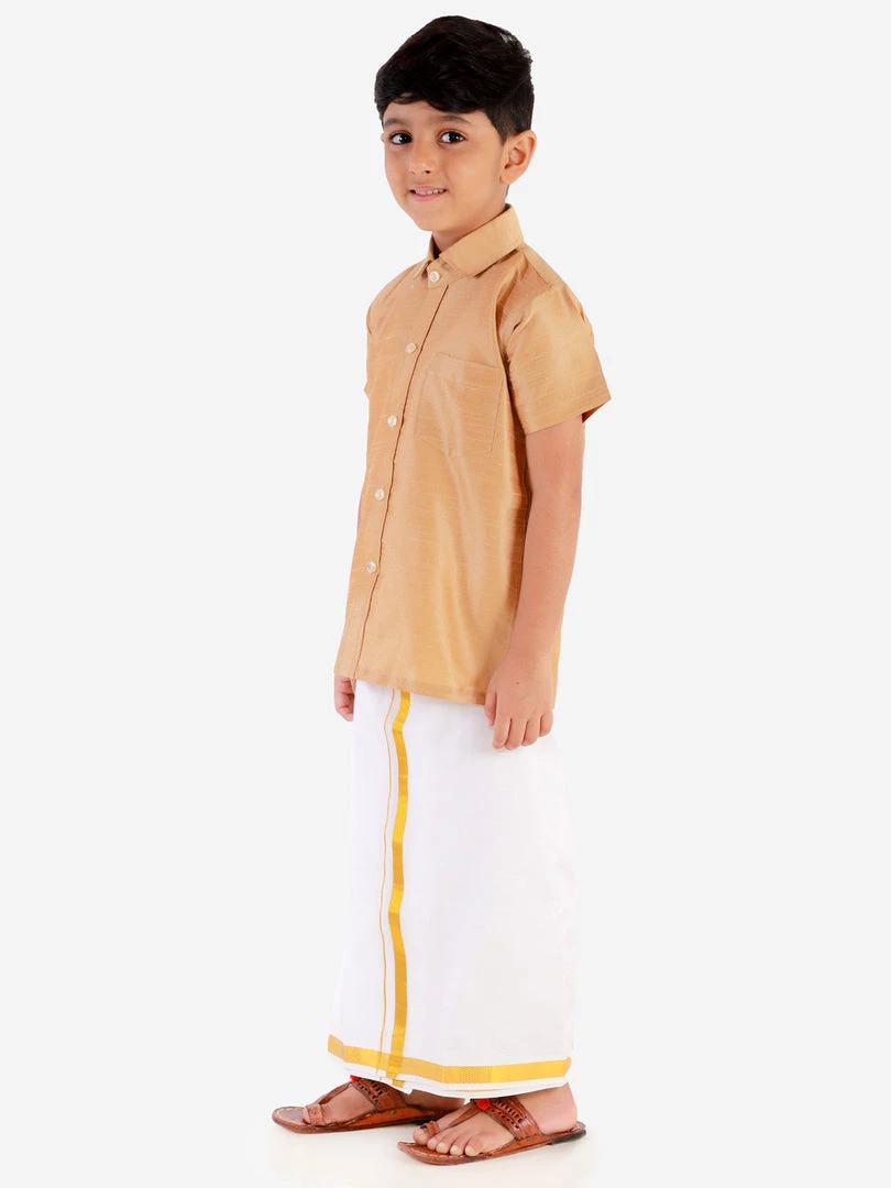 JBN Creation Boys' Rose Gold Silk Short Sleeves Ethnic Shirt Mundu Vesty Style Dhoti Pant Set 5 JBN Creation Boys' Rose Gold Silk Short Sleeves Ethnic Shirt Mundu Vesty Style Dhoti Pant Set