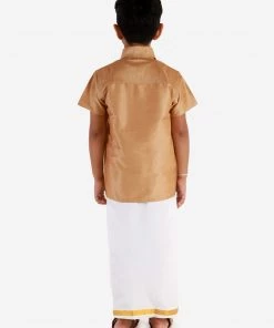 JBN Creation Boys' Rose Gold Silk Short Sleeves Ethnic Shirt Mundu Vesty Style Dhoti Pant Set 13 JBN Creation Boys' Rose Gold Silk Short Sleeves Ethnic Shirt Mundu Vesty Style Dhoti Pant Set