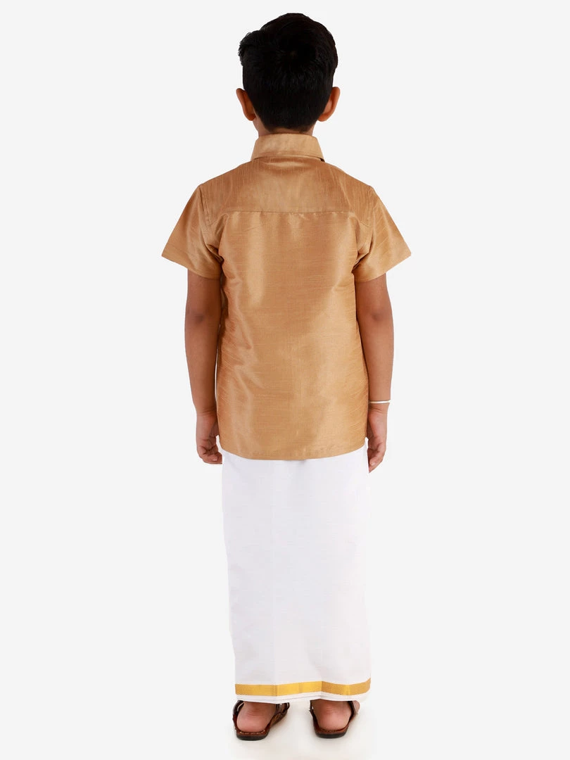 JBN Creation Boys' Rose Gold Silk Short Sleeves Ethnic Shirt Mundu Vesty Style Dhoti Pant Set 6 JBN Creation Boys' Rose Gold Silk Short Sleeves Ethnic Shirt Mundu Vesty Style Dhoti Pant Set
