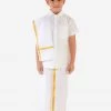 JBN Creation Boys' White Silk Short Sleeves Ethnic Shirt Mundu Vesty Style Dhoti Pant Set 1 JBN Creation Boys' White Silk Short Sleeves Ethnic Shirt Mundu Vesty Style Dhoti Pant Set